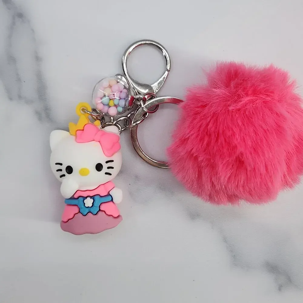 Hello Kitty 3D Figure Keychain puff ball & mini bead filled bubble Pink Princess